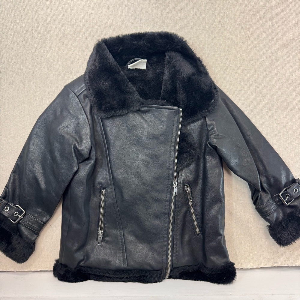 Cotton On Kids Faux Leather Moto Jacket 3-4 Black Sherpa Lined Biker Style